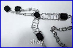 Vintage Art Deco Shiny Black 46.13CT Onyx & Clear Crystals 925 Silver Necklace