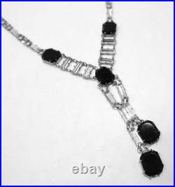 Vintage Art Deco Shiny Black 46.13CT Onyx & Clear Crystals 925 Silver Necklace