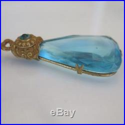 Vintage Art Deco Signed Czech Aquamarine Glass Enamel Pendant Necklace
