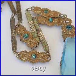 Vintage Art Deco Signed Czech Aquamarine Glass Enamel Pendant Necklace