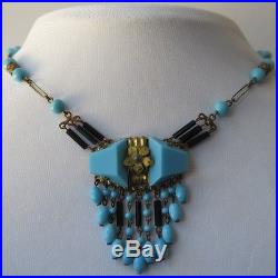 Vintage Art Deco Signed Czech Glass Turquoise Onyx Enamel Dangle Necklace