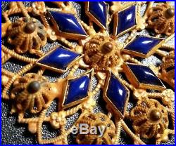 Vintage Art Deco Signed Czech Lapis Blue Art Glass Bead Enamel Pendant Necklace