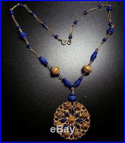 Vintage Art Deco Signed Czech Lapis Blue Art Glass Bead Enamel Pendant Necklace