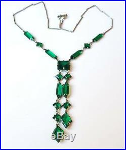 Vintage Art Deco Signed Novo Platinon Emerald Paste Necklace
