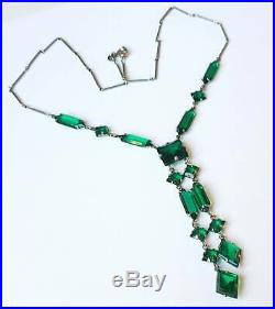 Vintage Art Deco Signed Novo Platinon Emerald Paste Necklace