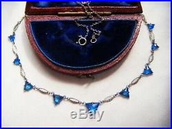 Vintage Art Deco Signed Platinon Sapphire Blue Open Back Crystal Czech Necklace