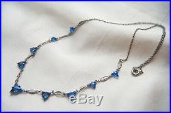 Vintage Art Deco Signed Platinon Sapphire Blue Open Back Crystal Czech Necklace