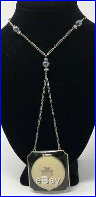 Vintage Art Deco Silver Guilloche Enamel Compact Locket Necklace Pendant