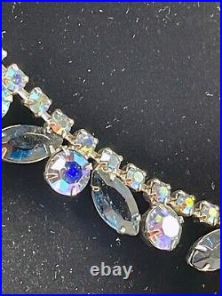 Vintage Art Deco Silver Tone Blue Navette Aurora Borealis Rhinestone Necklace