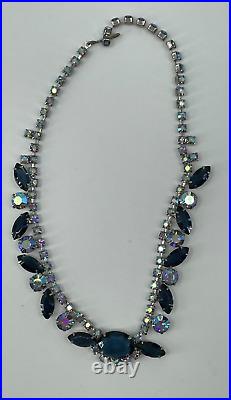Vintage Art Deco Silver Tone Blue Navette Aurora Borealis Rhinestone Necklace