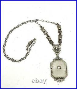 Vintage Art Deco Silver Tone Filigree & Camphor Glass Necklace