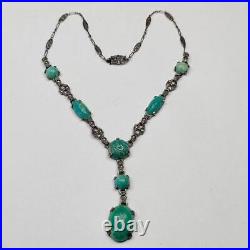 Vintage Art Deco Sterling Marcasite Peking Glass Drop Necklace