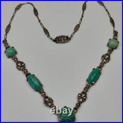 Vintage Art Deco Sterling Marcasite Peking Glass Drop Necklace