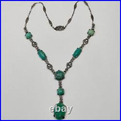 Vintage Art Deco Sterling Marcasite Peking Glass Drop Necklace