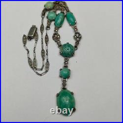 Vintage Art Deco Sterling Marcasite Peking Glass Drop Necklace