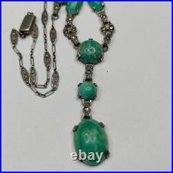 Vintage Art Deco Sterling Marcasite Peking Glass Drop Necklace