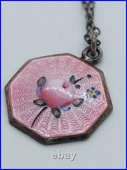 Vintage Art Deco Sterling Pink Guilloche Enamel Rose Dainty Pendant Necklace