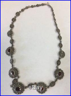 Vintage Art Deco Sterling Silver 925 Marcasite Garnet Necklace