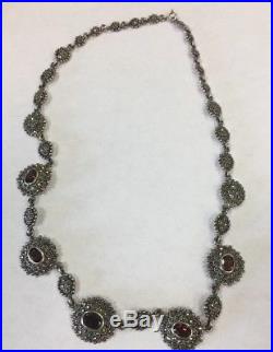 Vintage Art Deco Sterling Silver 925 Marcasite Garnet Necklace