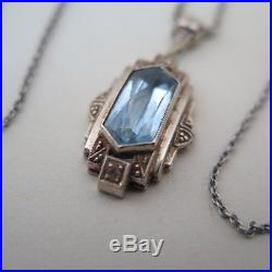 Vintage Art Deco Sterling Silver Aquamarine Glass Pendant Necklace