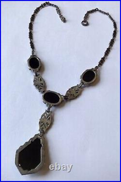 Vintage Art Deco Sterling Silver Black Rhinestone & Marcasite Necklace