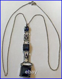 Vintage Art Deco Sterling Silver Blue Rhinestone & Enamel Filigree Necklace