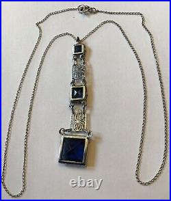 Vintage Art Deco Sterling Silver Blue Rhinestone & Enamel Filigree Necklace