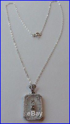 Vintage Art Deco Sterling Silver Camphor Glass & Filigree Pendant Necklace