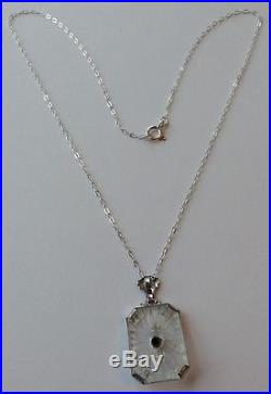 Vintage Art Deco Sterling Silver Camphor Glass & Filigree Pendant Necklace