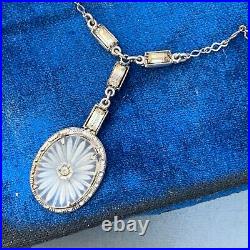 Vintage Art Deco Sterling Silver Camphor Glass Pendant Necklace