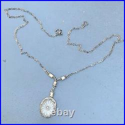 Vintage Art Deco Sterling Silver Camphor Glass Pendant Necklace