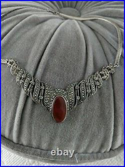 Vintage Art Deco Sterling Silver Carnelian & Marcasite Necklace, 18