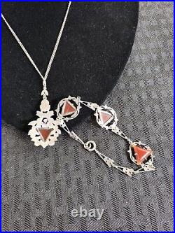 Vintage Art Deco Sterling Silver Carnelian and Marcasite Necklace & Bracelet Set