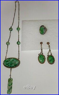 Vintage Art Deco Sterling Silver Chinese Carved Jadeite Jade Necklace, Ring Set
