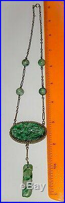 Vintage Art Deco Sterling Silver Chinese Carved Jadeite Jade Necklace, Ring Set