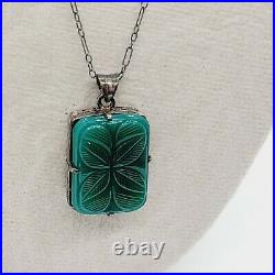Vintage Art Deco Sterling Silver Chrysoprase Glass Green Necklace