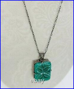 Vintage Art Deco Sterling Silver Chrysoprase Glass Green Necklace
