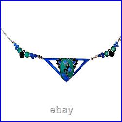 Vintage Art Deco Sterling Silver Enamel Bubble Necklace Dancer Blue Green Black