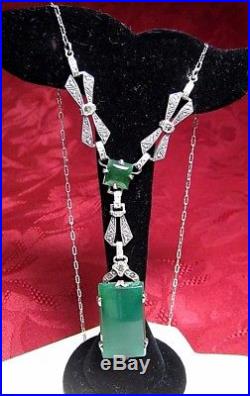 Vintage Art Deco Sterling Silver Green Onyx & Marcasite Collar Necklace 15.75