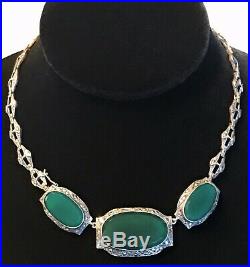 Vintage Art Deco Sterling Silver Marcasite Green Chrysoprase Collar Necklace