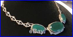 Vintage Art Deco Sterling Silver Marcasite Green Chrysoprase Collar Necklace