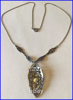 Vintage Art Deco Sterling Silver Marcasite Pendant Necklace