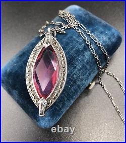 Vintage Art Deco Sterling Silver Pink Glass Marcasite Oval Pendant Necklace 18