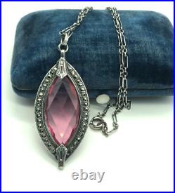 Vintage Art Deco Sterling Silver Pink Glass Marcasite Oval Pendant Necklace 18