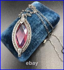 Vintage Art Deco Sterling Silver Pink Glass Marcasite Oval Pendant Necklace 18