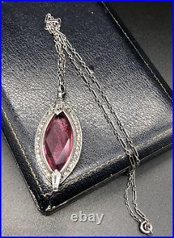 Vintage Art Deco Sterling Silver Pink Glass Marcasite Oval Pendant Necklace 18