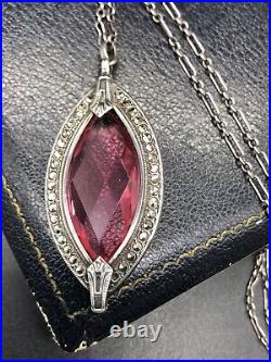 Vintage Art Deco Sterling Silver Pink Glass Marcasite Oval Pendant Necklace 18