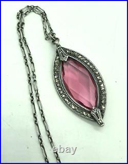 Vintage Art Deco Sterling Silver Pink Glass Marcasite Oval Pendant Necklace 18