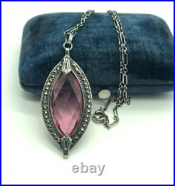 Vintage Art Deco Sterling Silver Pink Glass Marcasite Oval Pendant Necklace 18