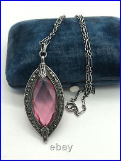 Vintage Art Deco Sterling Silver Pink Glass Marcasite Oval Pendant Necklace 18